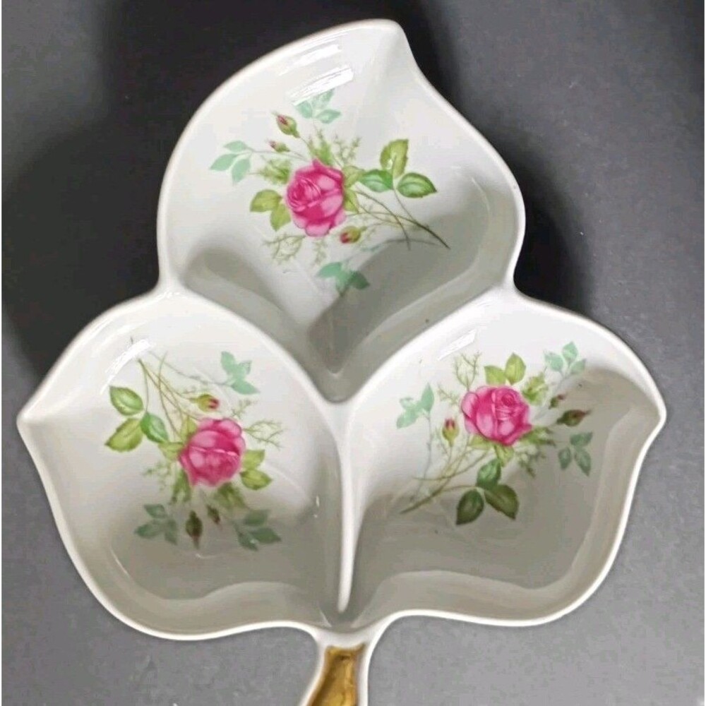 Vtg Bavaria Porcelain Divided Dish Gold Gilt Rose Pattern Grandma Cottage Decor